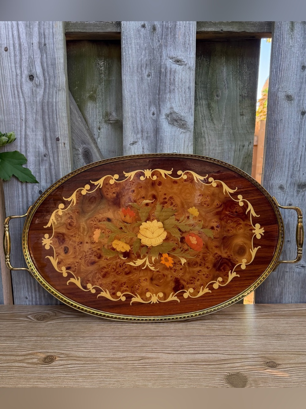 Vintage Marquetry Wood Oval Serving Tray Brass Handles & Trim Floral Inlay 21”